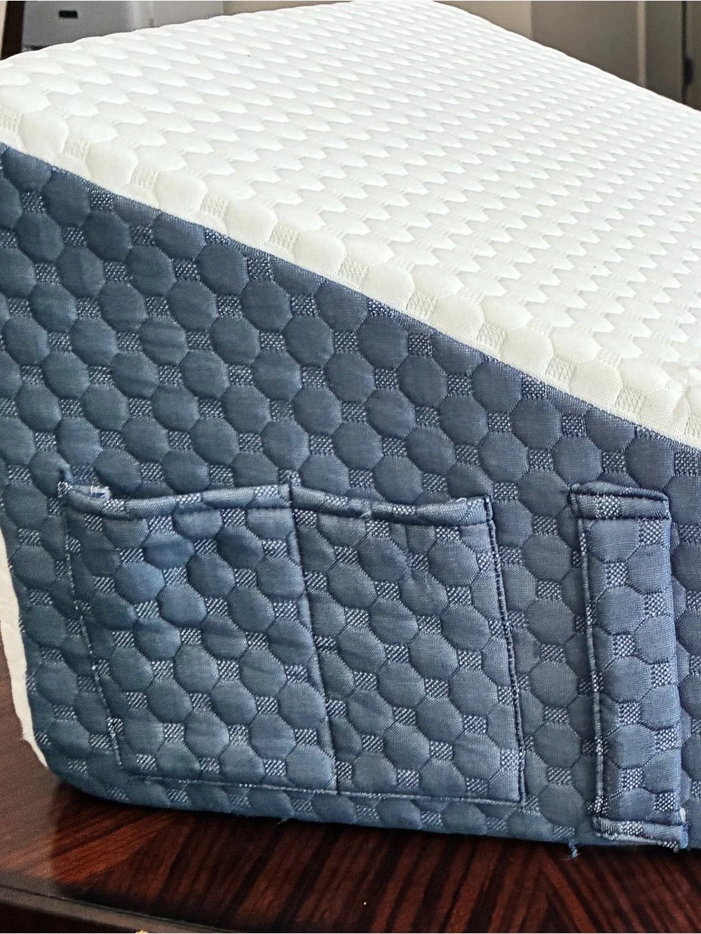White and Navy Memory Foam Bed Wedge Pillow - Supportive Elevation
